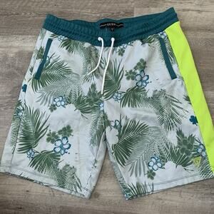 GUESS Pull-On Shorts Mens Sz XL Blue Green FLORAL Elastic Drawstring Athletic